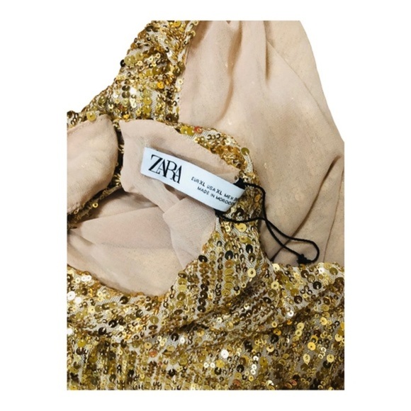 Zara gold sequin open back semi sheer halter blogger favorite mini dress size XL - Picture 13 of 13